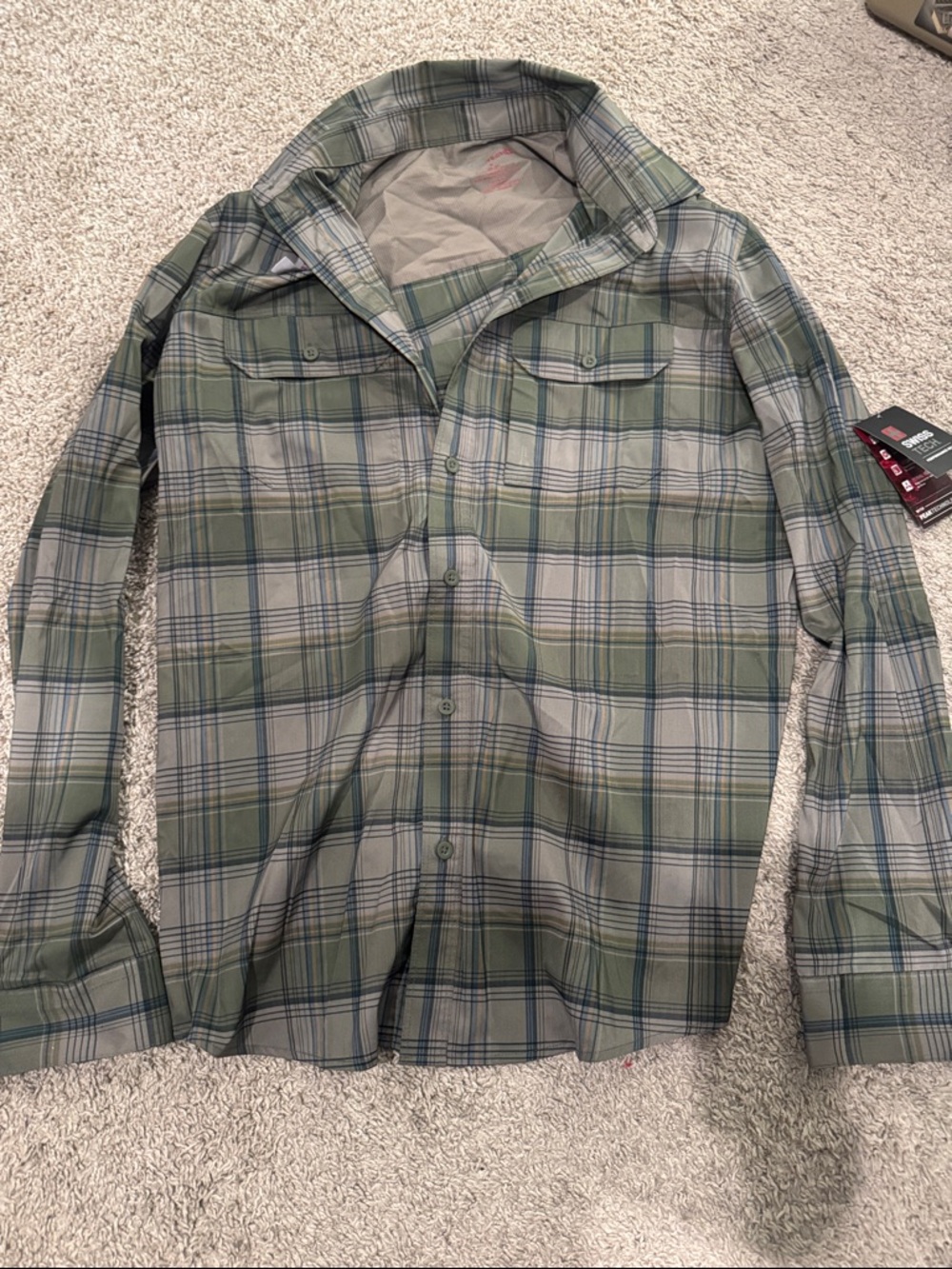 Swiss Tech Green Plaid Button-Down Casual Shirt